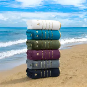 Set of 6 Gold-Trimmed Outdoor Towels, Quick-Drying And Absorbent, Measuring 74*34Cm, Featuring a Simple Embroidered Five-Star Design. Ideal for Outdoor Camping, Beach Trips, Fitness, Swimming, Travel, And Spa Activities, Suitable for Halloween