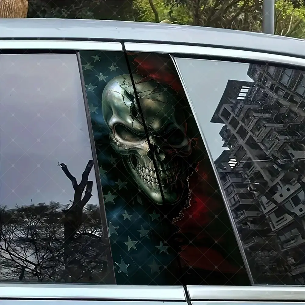 2pc Star-Shaped Steel Skull Vinyl Sticker, Car B-Pillar Protection Decal, Adhesive Vinyl Decal, Car Decals, Easy Peel & Stick, Sunproof Waterproof Scratch-Resistant