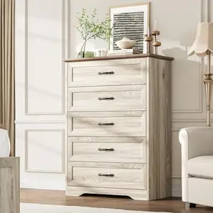 Grey and Brown 5 Drawers Dresser for Bedroom,Chest of Drawers with Wide Metal Handle,Farmhouse Modern Wooden Tall Dresser,Natural Texture,Storage Organizer for Bedroom,Living Room,Kids Room