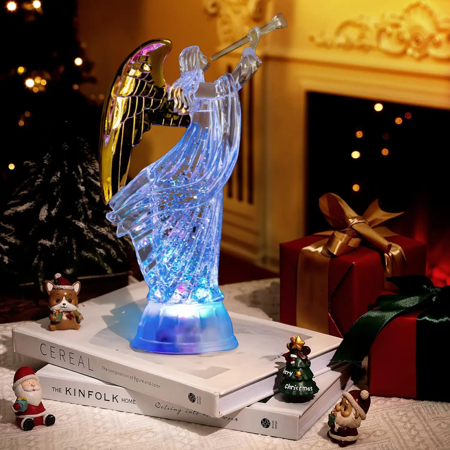 TVF 12 in Tall Sparkling LED Color Glitter Trumpeting Angel Figurine with Golden Wings