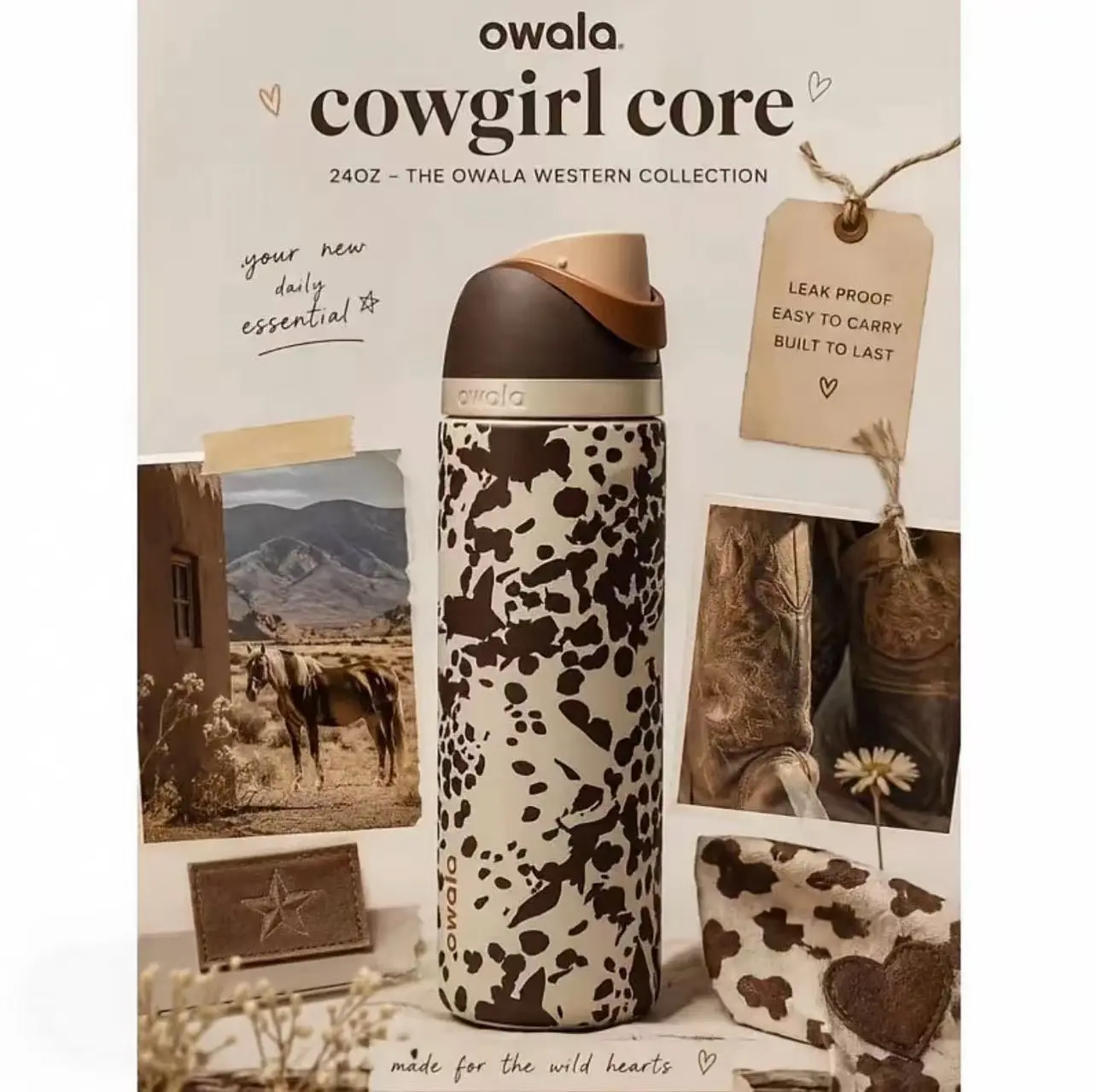 Owala Color Drop 32oz FreeSip Cowgirl Core Cow Print Drinkware Vacuum Flask, Flasks