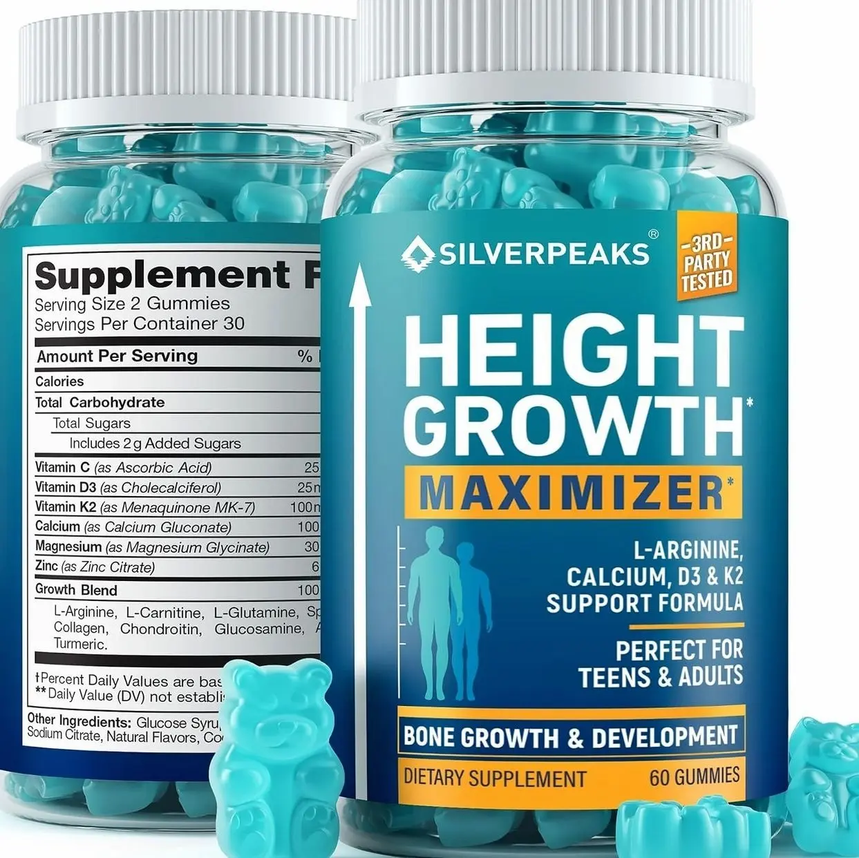 SILVERPEAKS Height Growth Gummies for Kids, Teens & Adults - Height Growth Maximizer Supplement with Calcium, Vitamins D3 & K2, Magnesium, Zinc for Bone Strength & Height Increase - 60 Gummy Chews