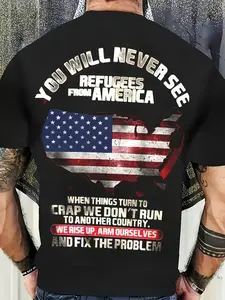 YOU WILL NEVER SEE REFUGEES FROM AMERICA Black Graphic T Shirt Bold Statement Tee Featuring USA Map and Patriotic Quote Perfect for Casual Outings and Activism Wear Ideal Gift for Proud AmeriInteresting graphic T-shirt series Plus Size