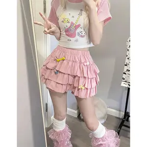 MEXZT Y2K Sweet Ruffles Mini Skirt Women Kawaii Lolita Bow A Line Skirts Harajuku Japanese High Waist Pink White Ball Gown Skirt