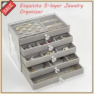 New 5 Layers Exquisite Gray Jewelry Box Earrings Ring Drawer Type Storage Box Large Capacity Anti-oxidation Jewelry Box