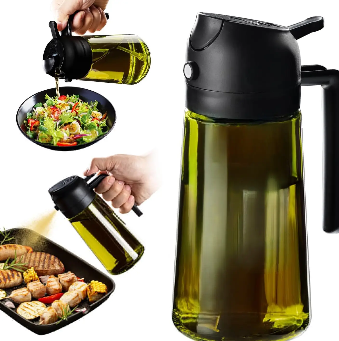 2 in 1 Oil Sprayer for Cooking 16oz/470ml Light-Blocking Dark , Olive Oil Dispenser Bottle for Kitchen, Premium Dark Green Glass Oil Bottle, Food-Grad
