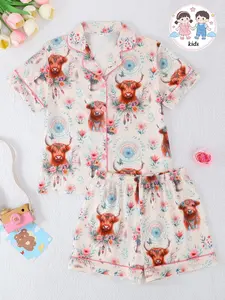 Fire-Retardant Pyjama Set, Short Sleeve Button Front Cardigan & Shorts, Casual Animal Highland Cow Floral Print, Unisex All Seasons