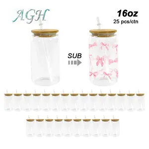 AGH 25pcs 16 OZ glass cup sublimation blank clear matte glass can with bamboo plastic coloring lids for summer ice cream juice soda soft beverage liquor drinks