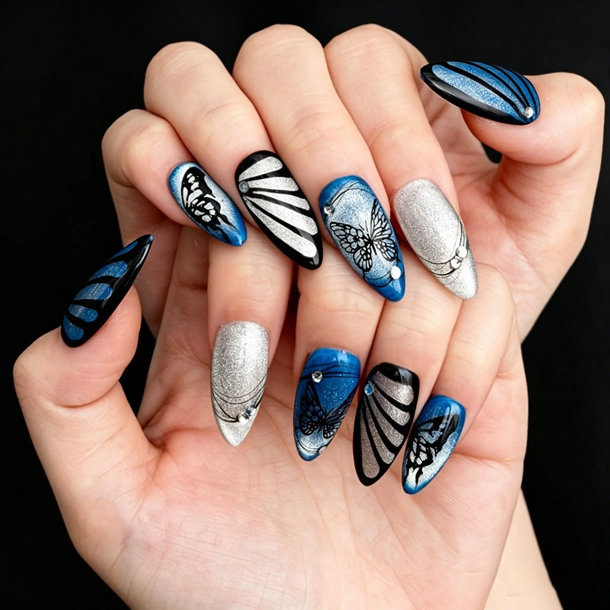 10pcs Almond Shape Nail Tips, Blue Handmade Press-On Nails, Butterfly Wings Diamond Design, Includes Jelly Glue and File, Perfect for Women