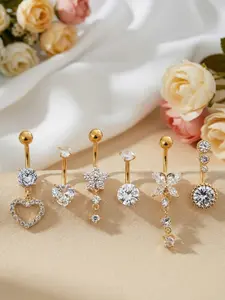 6pcs Butterfly Heart-Shaped Flower Belly Button Rings for Women, Sexy Stainless Steel Navel Piercings, Zirconia Inlay, Holiday Wear