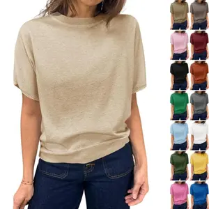 ARTFREE Womens Short Sleeve Sweater Casual Basic Crew Neck Loose Knit Pullover Tops Summer Lightweight Blouses