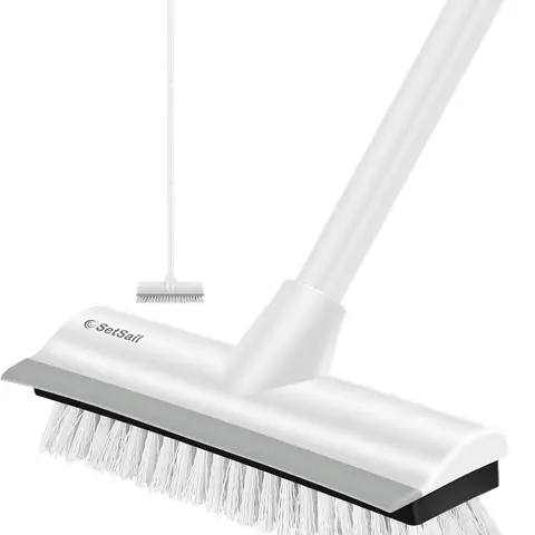 Floor Scrub Brush with Long Adjustable Handle, Heavy-Duty Stiff Bristles, 2-in-1 Deck Grout Brush for Cleaning Shower, Bathroom, Tile, Carpet, Kitchen