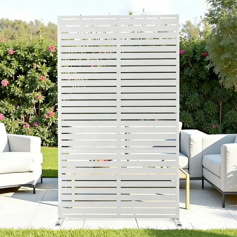 Freestanding Outdoor Privacy Screen 70.87" H x 46.06" W, Slatted Metal Patio Divider in Ancient White, Decorative Fence for Balcony, Deck, Backyard