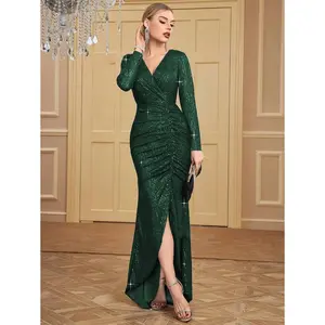 Women's Cross V-Neck Pleated lrregular Fishtail Hem Heavy Ornate Sequin Formal Dress Dress