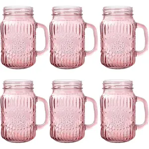 Mason Jar Drinking Glasses with Handle, 6 Pack, 16 Oz  Embossed  Mason Jar Cups for Iced Coffee, Juice,  and