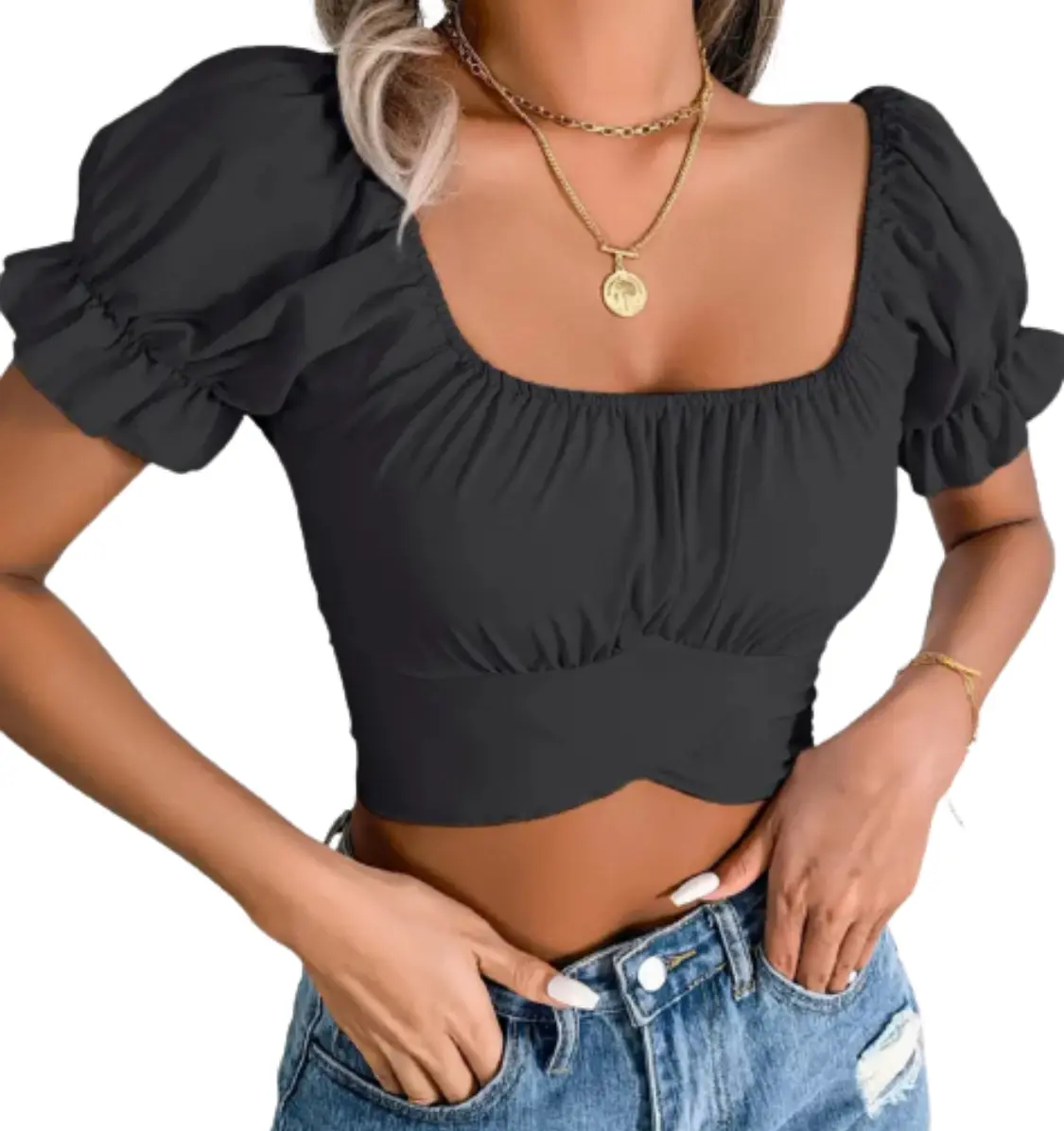 Camdyn-Women’s Ruffled Tie Back Crop Top, Ladies Casual Crop Top, Short Sleeve Shirts shirts  women crop  tops