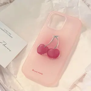 Korean Cute 3D Cherry Glitter Case for iPhone 16 Plus 15 14 13 12 Pro Max Soft Matte Shockproof Protective Phone Back Cover iphone 17promax case