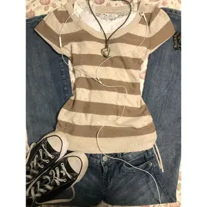 Stripe pattern casual tops chic cotton fashion   tops cute silm rock aesthetic urban emo girls hip hops harajuku women t-shirt