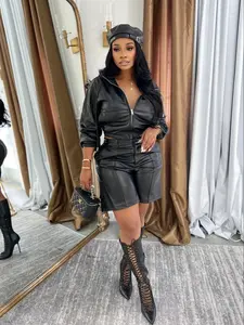 Women's PU Leather Hooded Jacket & Short Pants Set, Casual Lady Fashion Outerwear Clothes, Two-Piece for Daily Wear Womenswear