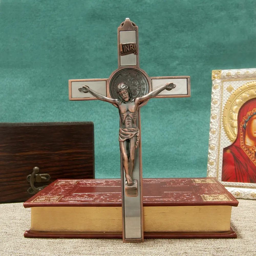 Antique Silver Color Crucifix Wall Cross St. Benedict Metal Wall Art, Religious Home Decor, Stylish Religious Decor, 6.89x3.74 Inches, Enamel, Religious Decoration, Faith Gift