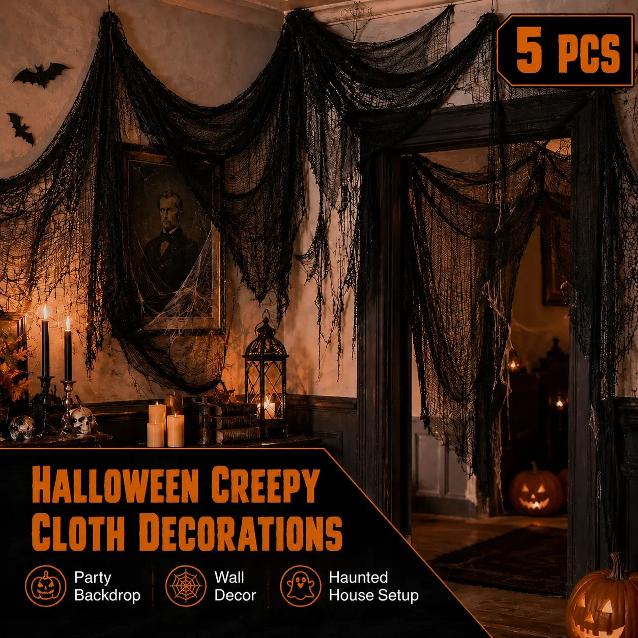 5PCS Gothic Solid Polyester Halloween Spooky Stretchy Gauze Decorations - 30x72" Lightweight Black Spider Web Cloth Props, Hanging Home Decor for Haunted House, Photo Backdrop, Decorative