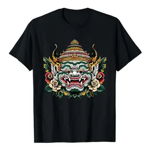 Men's 100% Cotton T-Shirt, Traditional Khmer Hanuman Design - Vibrant Floral and Mythical Patterns, Crew Neck Short Sleeve, Ideal Gift for Dad, Husband, Grandpa, Sizes S-XXXL, Black, Everyday Wear | Mythology Graphic T-Shirt | Smooth Fabric Comfort Wear