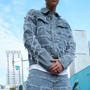 Stylish Street Style Men Ripped Distressed Slim Denim Jacket High Quality Male Splicing Casual Denim Jacket Coat