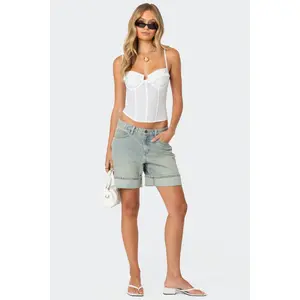 Cuffed Washed Denim Bermuda Shorts