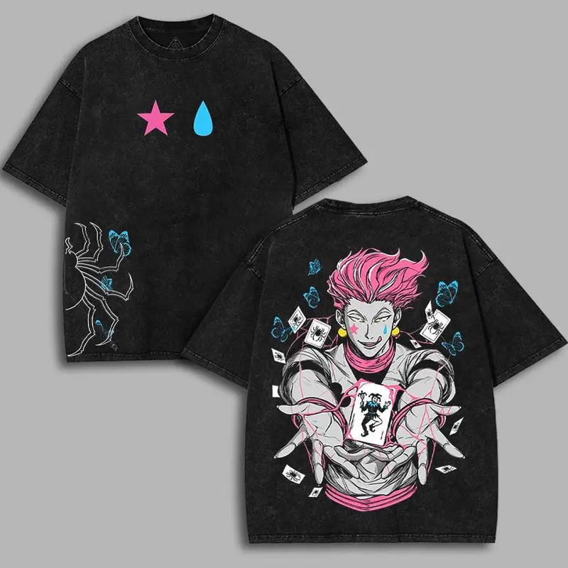 Hisoka Morow Hunter x Hunter HXH v5 anime manga game Washed 2 sided printed graphic tees Shirts 90s casual Top Streetwear T-shirt fan clothes