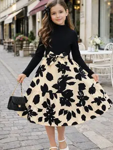 Girls Color Block Long Sleeve Dress, French Chic High Neck Bow Waist Floral Midi Party Dress for 4-8 Years, Autumn Winter Princess