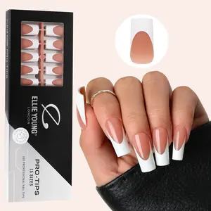 ELLIE YOUNG PRO-TIPS Long Square White French Tips with Brown Base, 150pc Press-On Nails Kit – 15 Sizes, Matte Gel Acrylic Look, Soft Gel DIY Extensions
