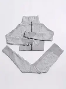 Two-Piece Set Women's Solid Zip Up Crop Jacket & High Waist Leggings Tracksuit Set, Sporty Breathable Quick Drying Outfits for Yoga Gym Workout Running, Ladies Sportswear for Spring & Fall, Sweatsuit Set, Athletic Tracksuit Set