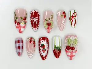 Strawberry Picnic Press On Nails | Cute 3D Strawberry And Bow Nail Art | Gingham Vintage Picnic Nails | Red & Pink Summer Nails | JB822HC