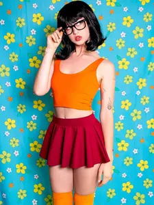 Skirt Set, Orange Crop Tank Top, Burgundy Mini Circle Skirt, Cosplay Costume