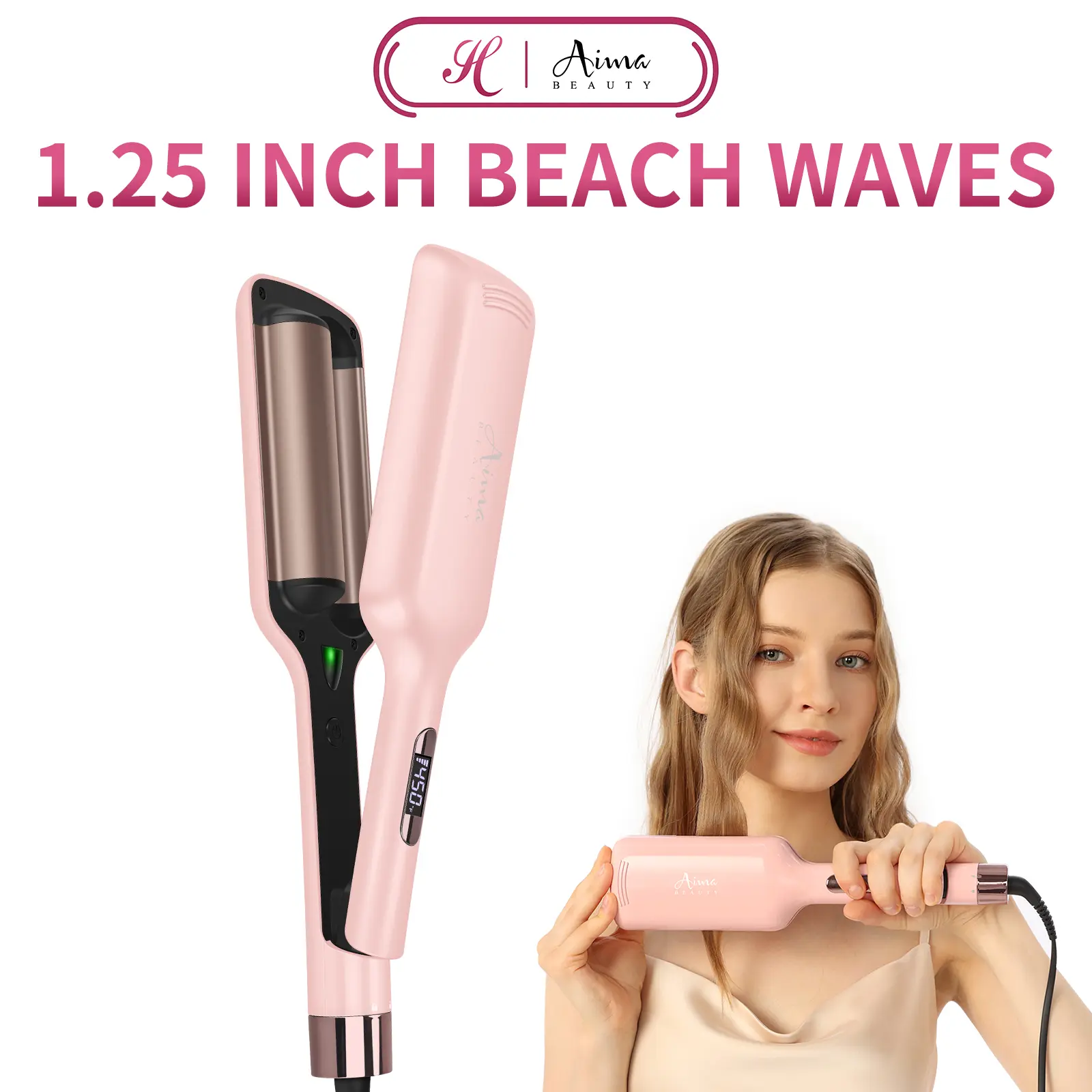 Aima Beauty Beach Waves, 1 inch & 1.25 Inch Hair Crimper for Effortless Mermaid Waves,Easy Use Ionic Ceramic 2 Barrel Hair Curler for Frizz-Free, Long-Lasting Deep Waves with Smart Timer Alarm, Adjustable Heat Settings Anti-Scald Dual Voltage Curling Wand
