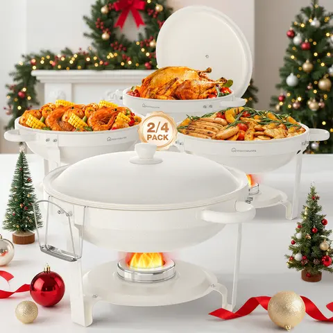 [FallDealsForYou] WARMOUNTS 5QT Maifanite-Coated Stackable Chafing Dishes (2/4-Pack) - Durable Stainless Steel with Glass Lid, Dustproof Water Pan Temp Hold, Elevated Lid Stay, Hygienic Serving Cool/Warm Hold for Family Gatherings, Catering Kitchenware