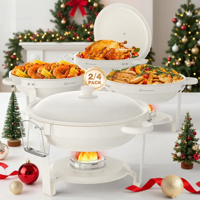 [FallDealsForYou] WARMOUNTS 5QT Maifanite-Coated Stackable Chafing Dishes (2/4-Pack) - Durable Stainless Steel with Glass Lid, Dustproof Water Pan Temp Hold, Elevated Lid Stay, Hygienic Serving Cool/Warm Hold for Family Gatherings, Catering Kitchenware