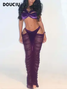 DOUCIU Mermaid Princess Beach Vacation Sexy Hot Yacht Party Cool Girl Thin Color Block Sheer Off-Shoulder Vest Skirt Womenswear Two-Piece Set