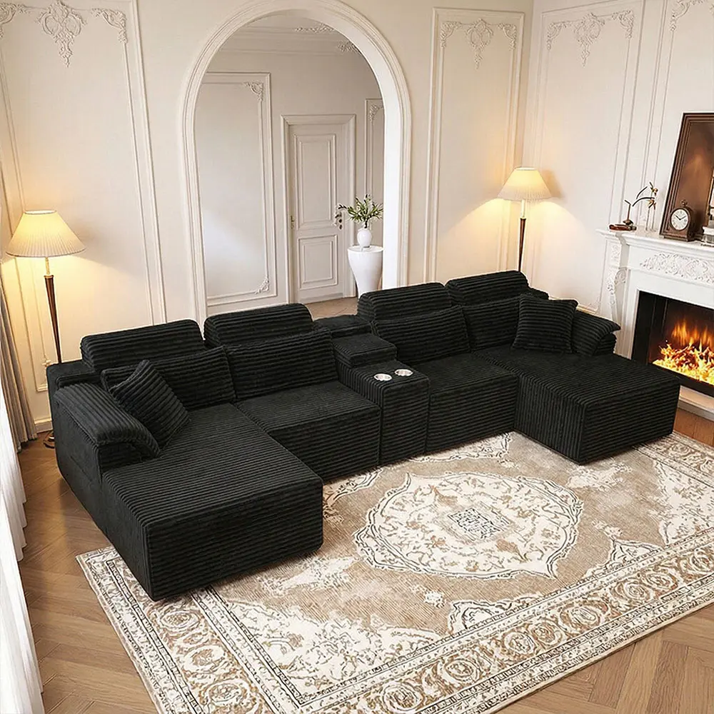 147" Modular Sectional Sofa Couch, Oversized Modern Cloud Couch for Living Room, U Shape Couches with 2 Chaise, Cup Holders, Black Corduroy Boneless Sofas