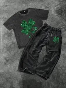 Men's Cotton Two-Piece Set, St Patrick Four-Leaf Clover Print, Round Neck Short Sleeve T-Shirt & Long Pants, Casual Spring Fall Winter