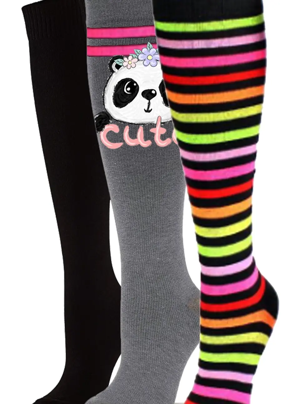3-Pack Knee High Socks for Plus Size Legs - Multicolor Stripe, Solid Black, Charcoal Grey - Adorable Panda Design fuzzy sock