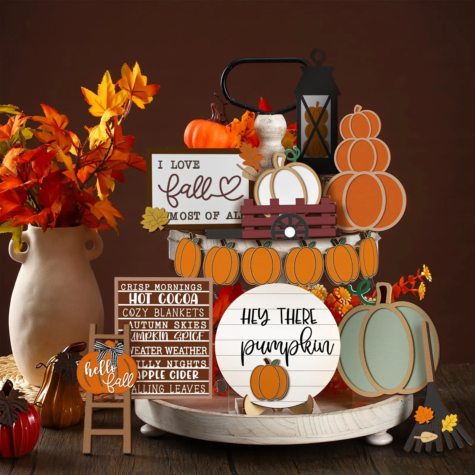 16PCS Thanksgiving Fall Tiered Tray Decor Set, Decoration Set - Rustic Wooden Tabletop Decor with Autumn Pumpkins/Leaves, Retro Kitchen Dining Table Accents, Black Friday Deal, Fall Home Decor, Thanksgiving Decor