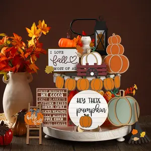 16PCS Thanksgiving Fall Tiered Tray Decor Set - Rustic Wooden Tabletop Decor with Autumn Pumpkins/Leaves, Retro Kitchen Dining Table Accents, Black Friday Deal: Fall Home Decor, Christmas Early Prep Thanksgiving Decor