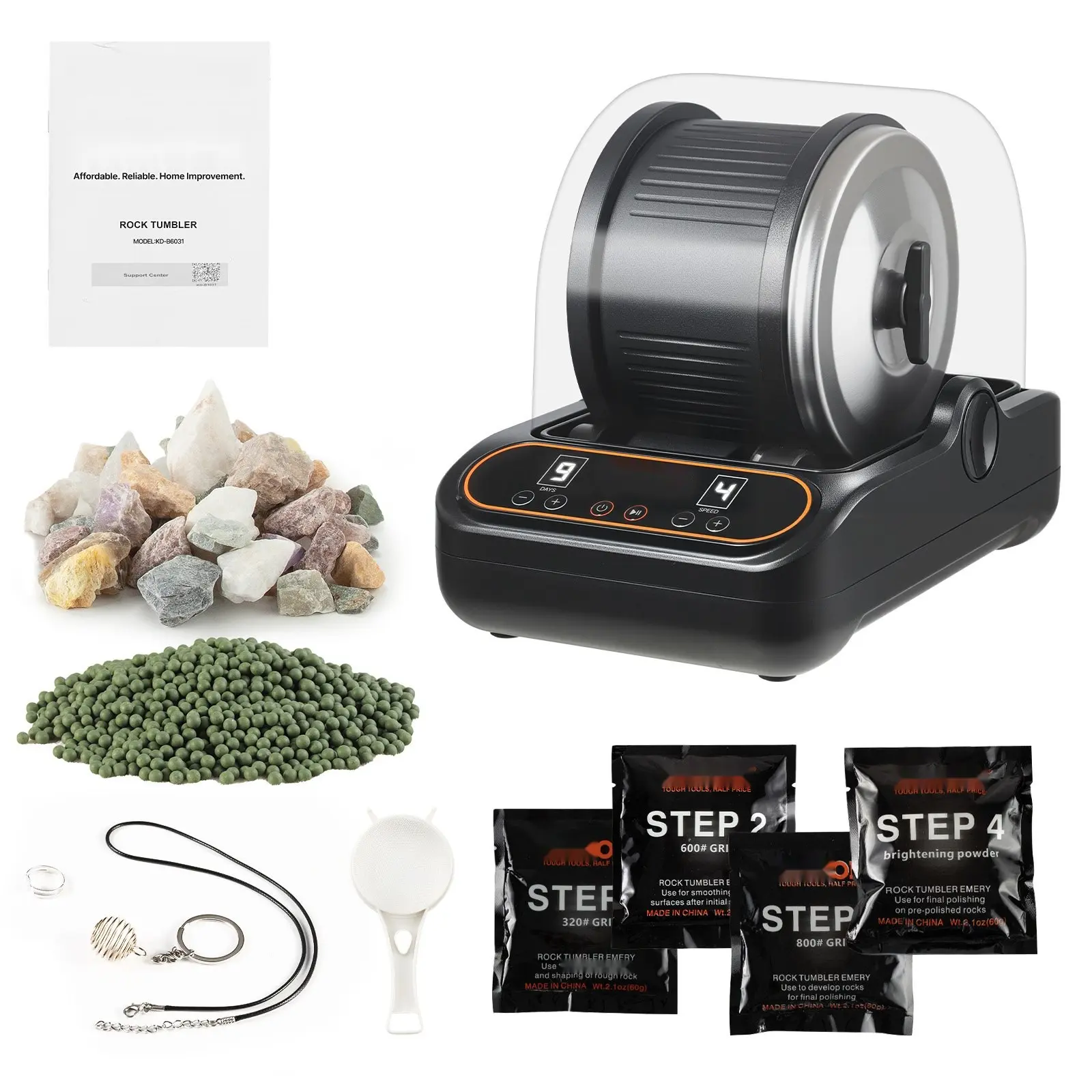 3 lb Rock Tumbler Polishing Machine with 4-Speed Adjustable Drive, Rocks Tumbling Kit, 1–9 Day Timer, PC Sound Reduction Cover, TPU Drum, Direct Drive Motor, Quiet Operation, Low Noise Tabletop Rock Polisher for Gemstones