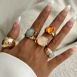 Chunky Gold Gemstone Ring Set, Adjustable Stackable Statement Rings