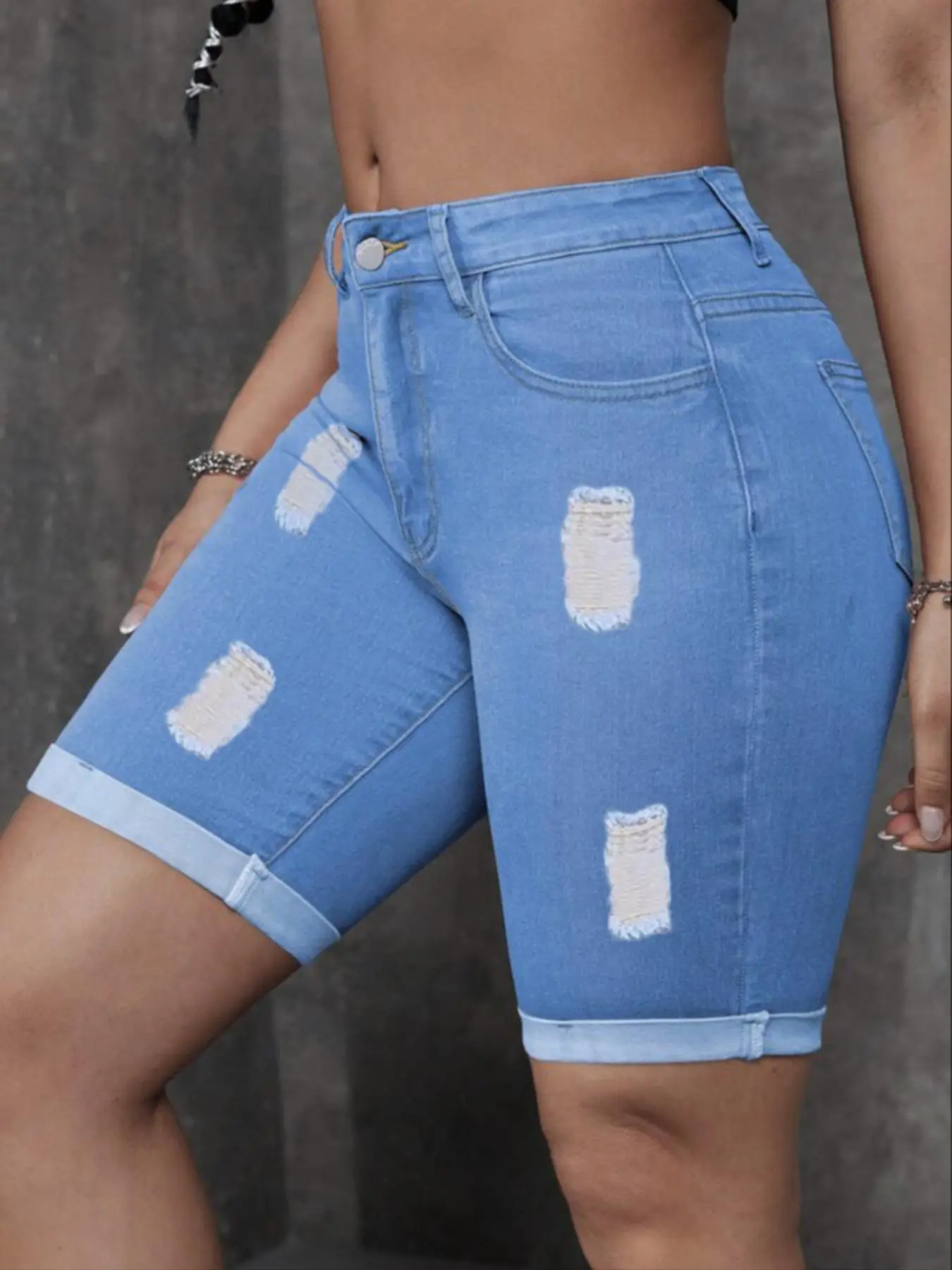Women's Distressed Denim Shorts, Cowgirl Shorts, Slim Fashion Casual Ripped Short Jeans for Daily Wear, Ladies Bottoms for Summer, Fitted Casual Shorts, Womenswear