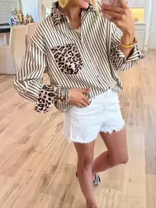 Elegant Plus Size Leopard Print Woven Shirt, Casual Long Sleeve Button Front Top with Pockets, Women's Fashion Blouse for Daily Wear
