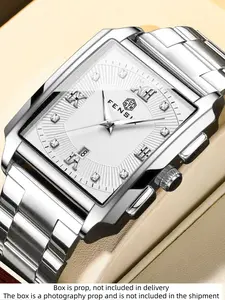 Men's Quartz Watch, Rectangular Case, Shiny Diamond Markers, Stainless Steel Strap, Date Display, Waterproof Business Watch