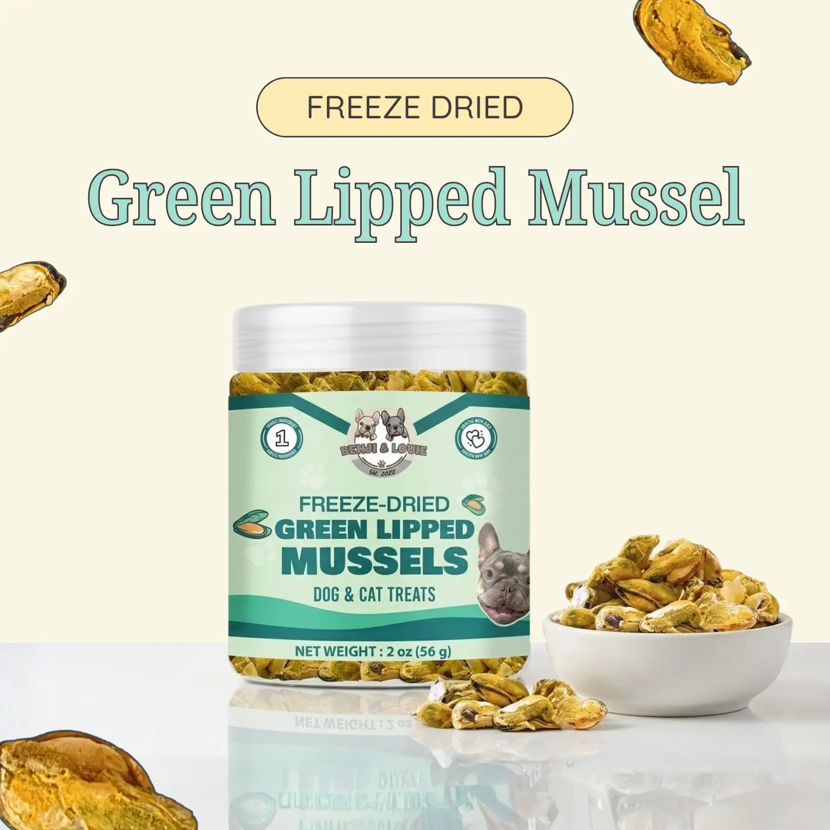 Benji & Louie Freeze Dried Green Lipped Mussels - Simple, Pure Ingredients Healthy Snack for Dogs & Cats, Single Ingredient, 2 oz (56g)