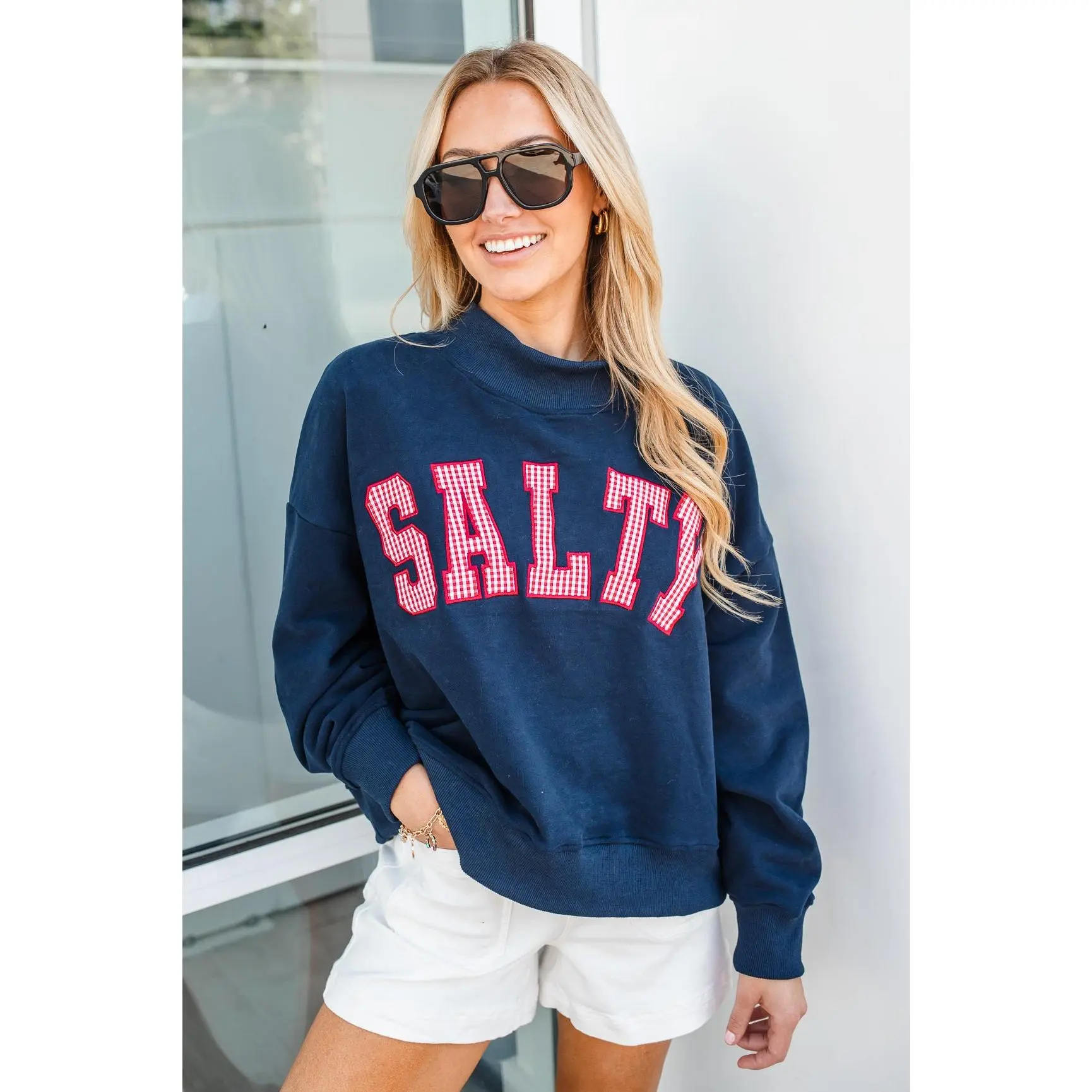 Coastal Cool Oversized Mock Neck Sweatshirt - Navy